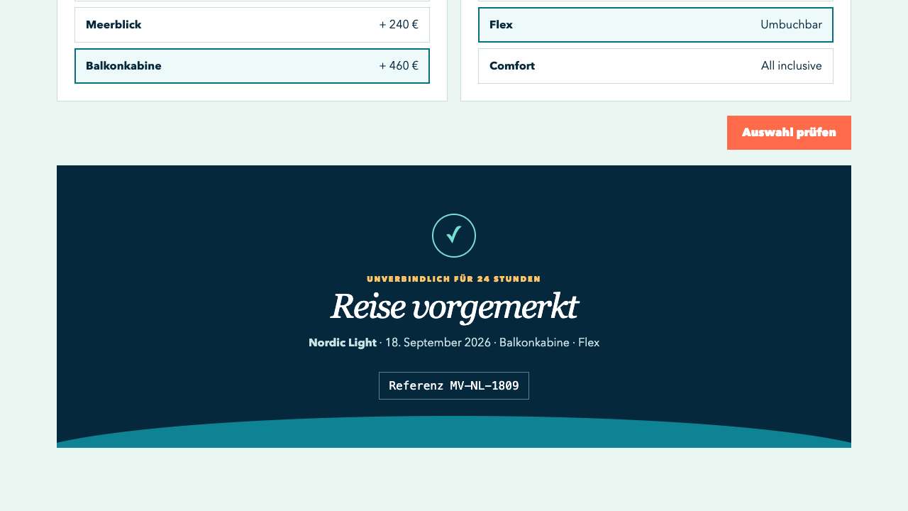 Nordic Light trip and MV-NL-1809 reference verified by the booking website test