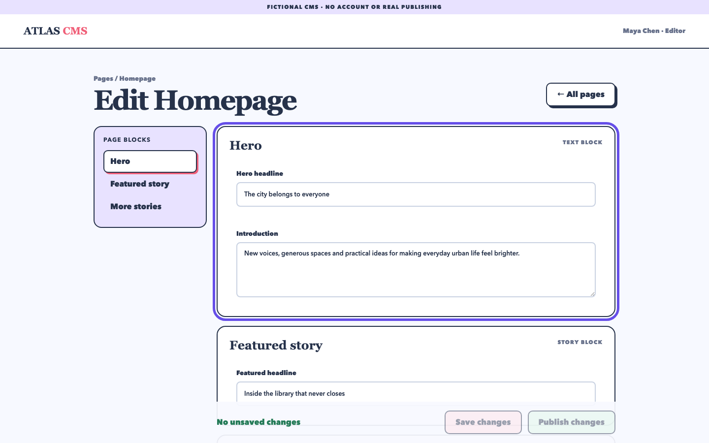 CMS homepage editor with editable content blocks