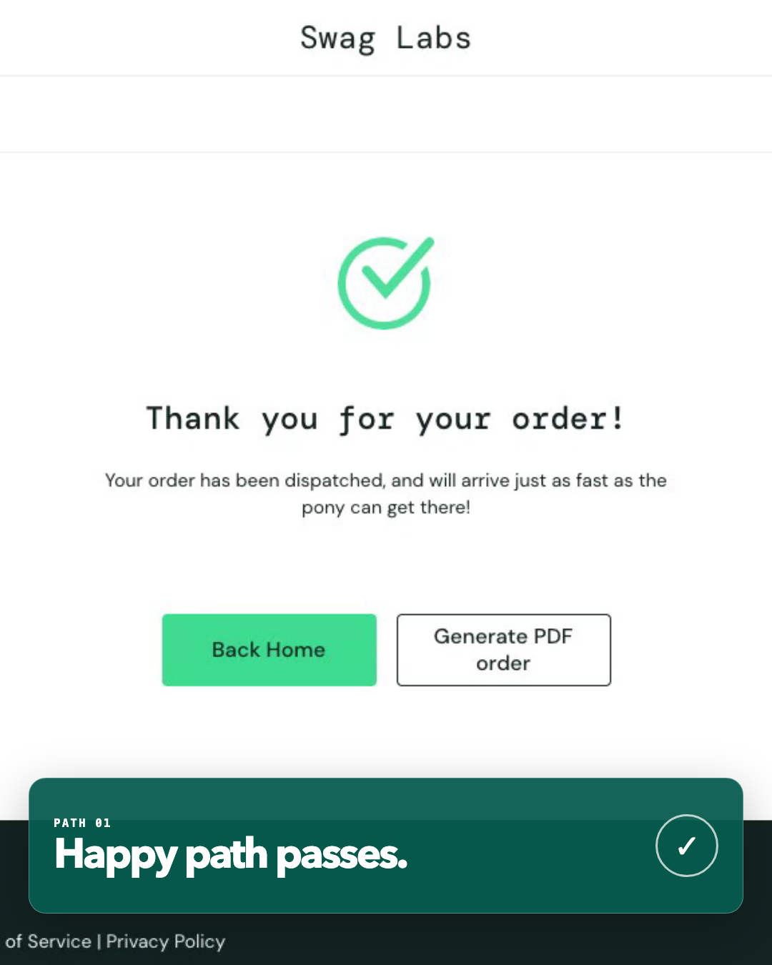Completed order during a successful ecommerce checkout test