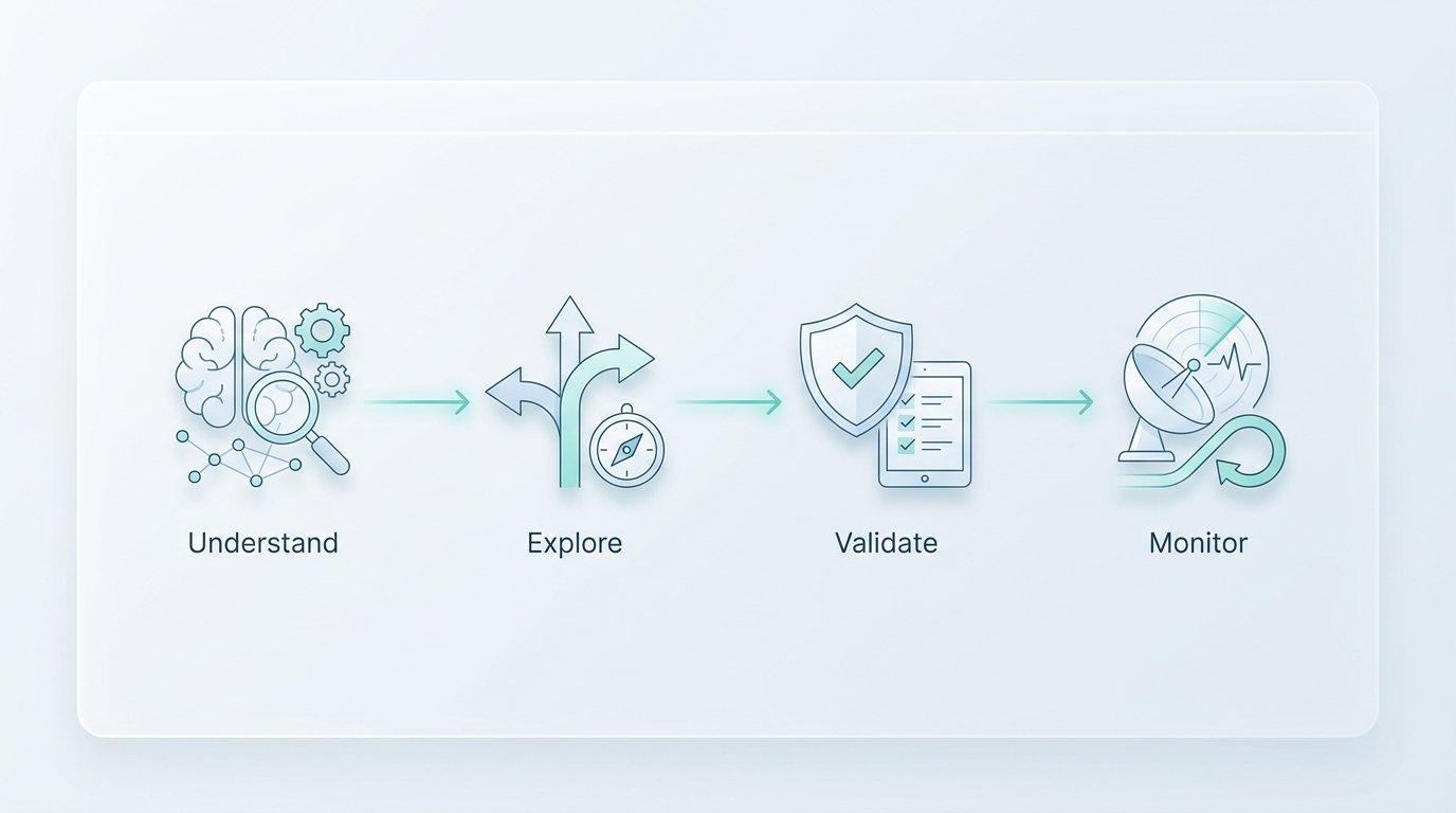 Mira's AI QA process flowing through four steps: understand, explore, validate and monitor.